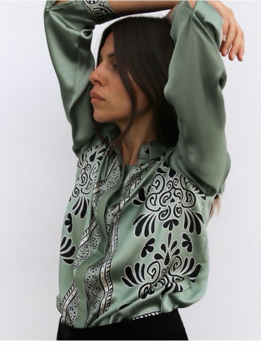 Zara Sage Green Blouse with Black & Cream Floral Motif